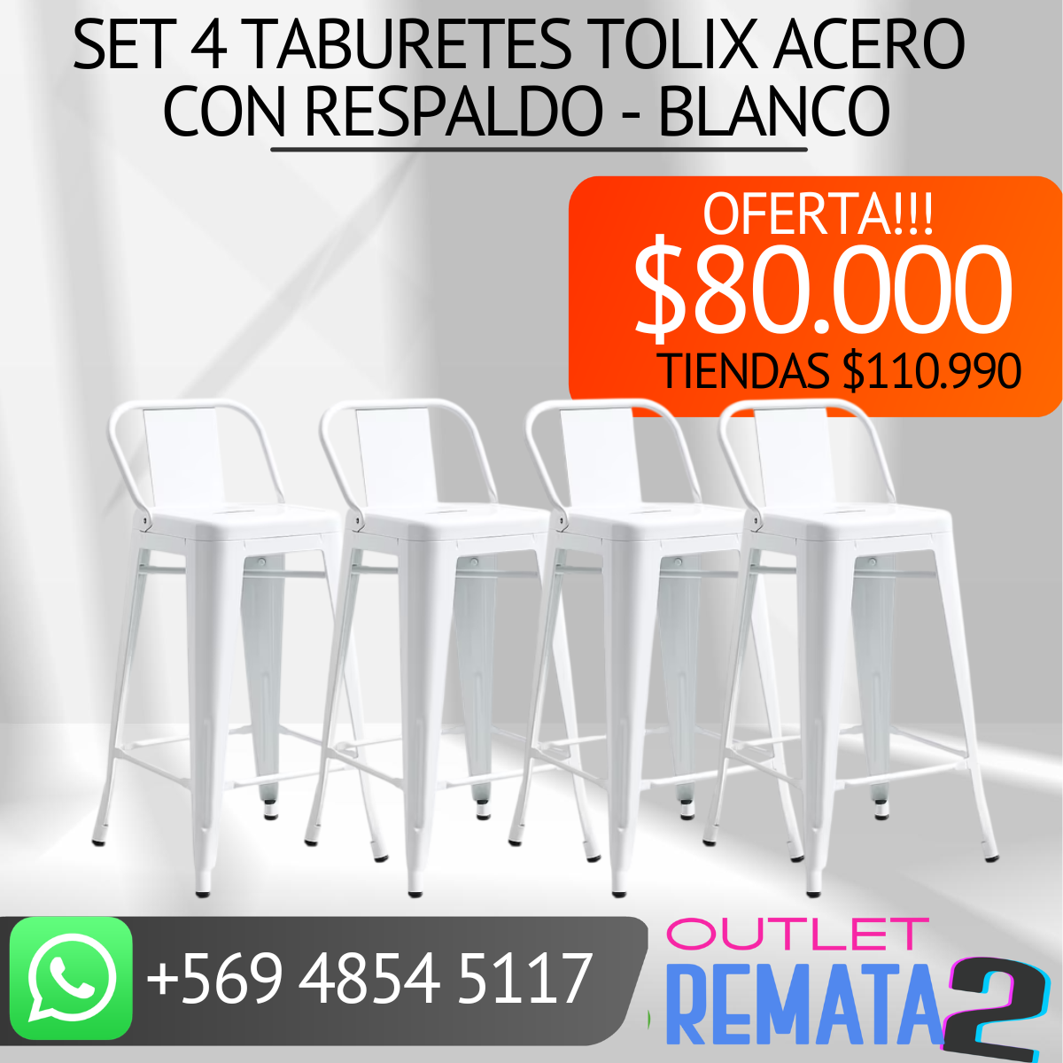 set 4 taburetes tolix acero con respaldo blanco