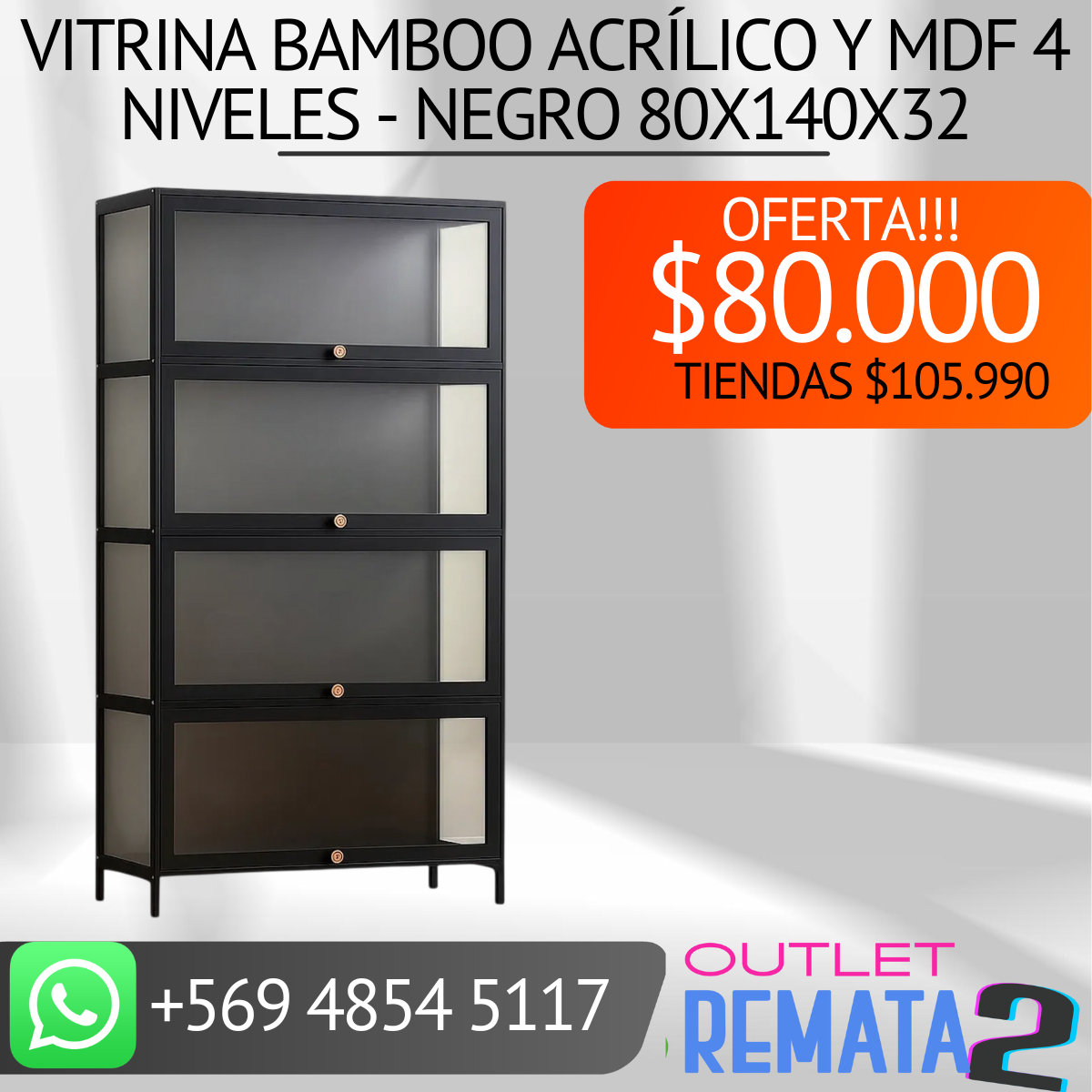 vitrina bamboo acrilico y mdf 4 niveles negro 80x140x32